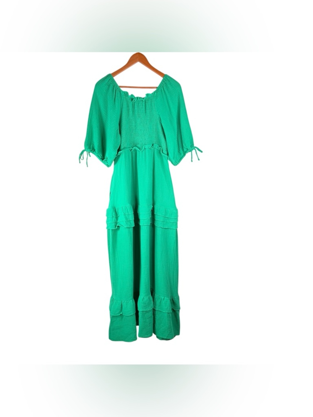 Ivy City Co Women’s Green Smocked Tiered Maxi Peasant Dress Puff Sleeve Size M - Picture 2 of 5